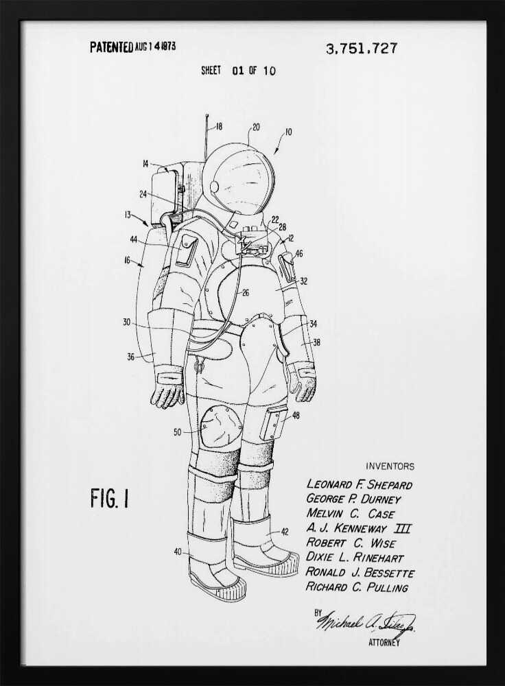A framed black and white print of a United States patent document for a space suit, dated August 14, 1973. The print features a detailed technical line drawing of an astronaut in a full space suit, with various parts labeled with numbers. Text at the top indicates it is patent number 3,751,727, and at the bottom lists the inventors. Print