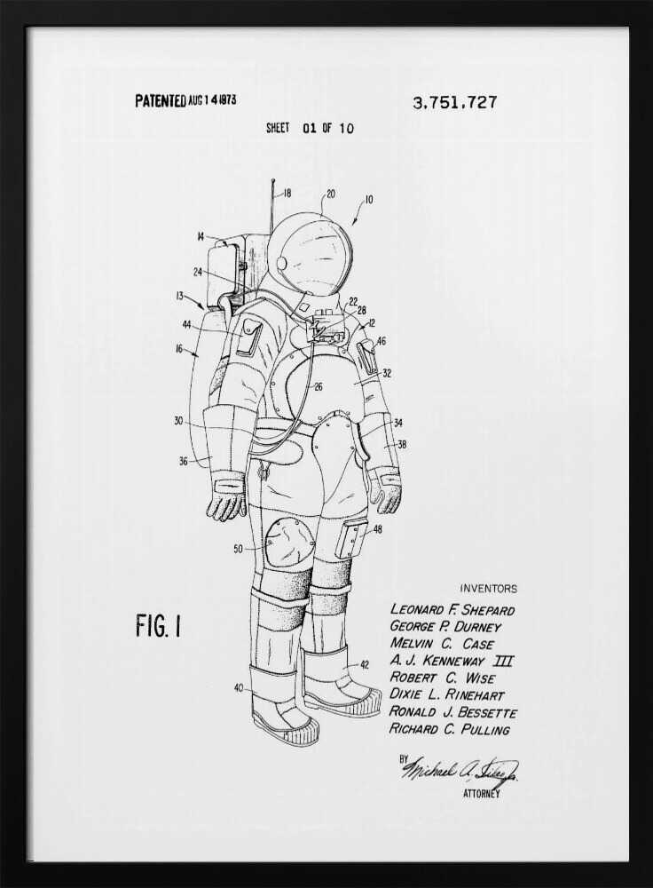 A framed black and white print of a United States patent document for a space suit, dated August 14, 1973. The print features a detailed technical line drawing of an astronaut in a full space suit, with various parts labeled with numbers. Text at the top indicates it is patent number 3,751,727, and at the bottom lists the inventors. Print