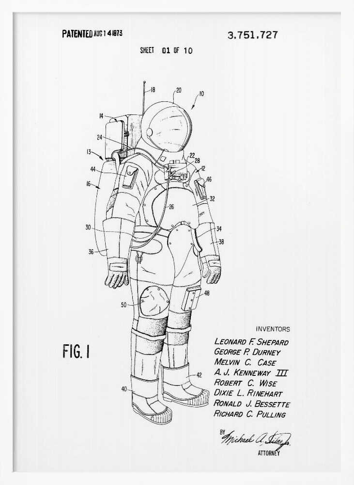 A framed black and white print of a United States patent document for a space suit, dated August 14, 1973. The print features a detailed technical line drawing of an astronaut in a full space suit, with various parts labeled with numbers. Text at the top indicates it is patent number 3,751,727, and at the bottom lists the inventors. Print