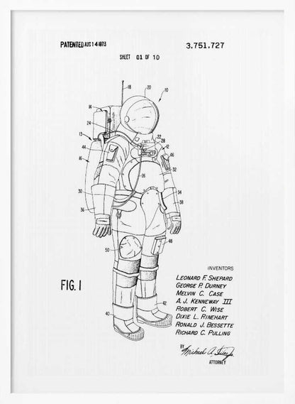 A framed black and white print of a United States patent document for a space suit, dated August 14, 1973. The print features a detailed technical line drawing of an astronaut in a full space suit, with various parts labeled with numbers. Text at the top indicates it is patent number 3,751,727, and at the bottom lists the inventors. Print