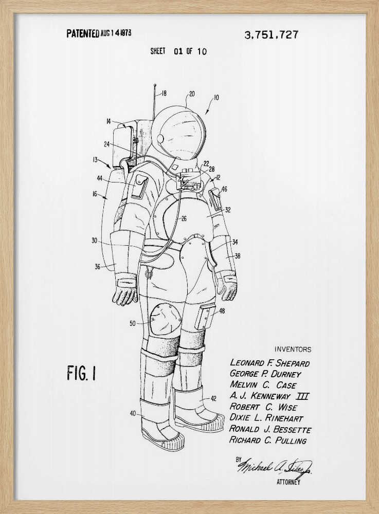 A framed black and white print of a United States patent document for a space suit, dated August 14, 1973. The print features a detailed technical line drawing of an astronaut in a full space suit, with various parts labeled with numbers. Text at the top indicates it is patent number 3,751,727, and at the bottom lists the inventors. Print
