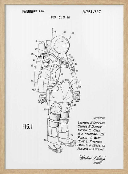 A framed black and white print of a United States patent document for a space suit, dated August 14, 1973. The print features a detailed technical line drawing of an astronaut in a full space suit, with various parts labeled with numbers. Text at the top indicates it is patent number 3,751,727, and at the bottom lists the inventors. Print