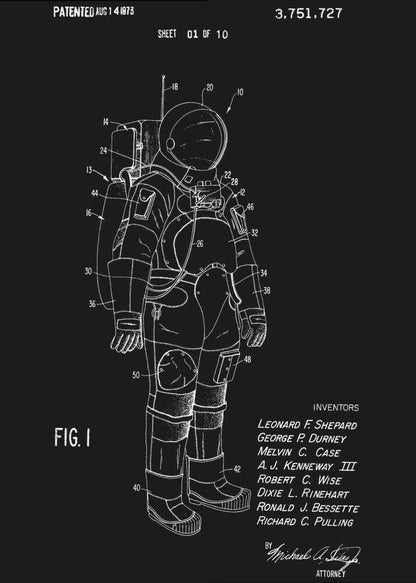A framed patent illustration of an astronaut's spacesuit, depicted as a white line drawing on a black background. The technical schematic is labeled with various numbers and includes text like 'PATENTED AUG 14 1973', 'FIG. 1', and a list of inventors. Wall Art