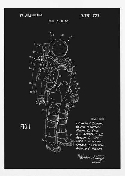 A framed patent illustration of an astronaut's spacesuit, depicted as a white line drawing on a black background. The technical schematic is labeled with various numbers and includes text like 'PATENTED AUG 14 1973', 'FIG. 1', and a list of inventors. Wall Art