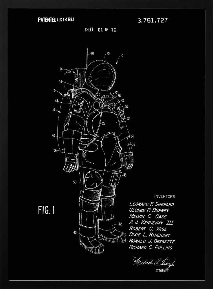 A framed patent illustration of an astronaut's spacesuit, depicted as a white line drawing on a black background. The technical schematic is labeled with various numbers and includes text like 'PATENTED AUG 14 1973', 'FIG. 1', and a list of inventors. Wall Art
