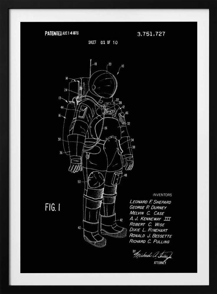 A framed patent illustration of an astronaut's spacesuit, depicted as a white line drawing on a black background. The technical schematic is labeled with various numbers and includes text like 'PATENTED AUG 14 1973', 'FIG. 1', and a list of inventors. Wall Art