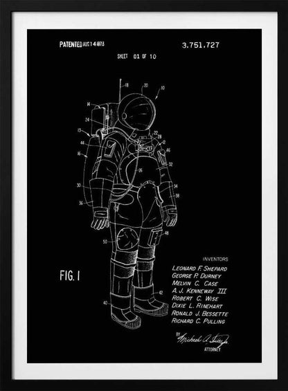 A framed patent illustration of an astronaut's spacesuit, depicted as a white line drawing on a black background. The technical schematic is labeled with various numbers and includes text like 'PATENTED AUG 14 1973', 'FIG. 1', and a list of inventors. Wall Art