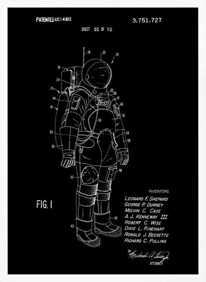 A framed patent illustration of an astronaut's spacesuit, depicted as a white line drawing on a black background. The technical schematic is labeled with various numbers and includes text like 'PATENTED AUG 14 1973', 'FIG. 1', and a list of inventors. Wall Art