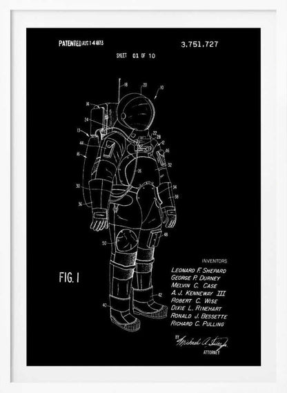 A framed patent illustration of an astronaut's spacesuit, depicted as a white line drawing on a black background. The technical schematic is labeled with various numbers and includes text like 'PATENTED AUG 14 1973', 'FIG. 1', and a list of inventors. Wall Art