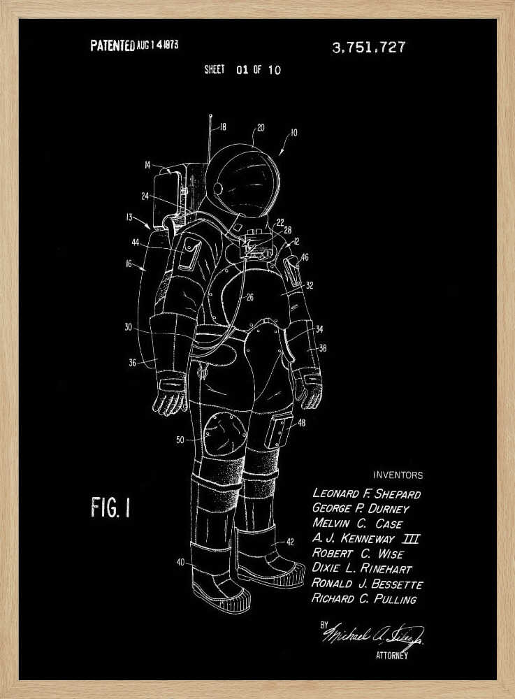 A framed patent illustration of an astronaut's spacesuit, depicted as a white line drawing on a black background. The technical schematic is labeled with various numbers and includes text like 'PATENTED AUG 14 1973', 'FIG. 1', and a list of inventors. Wall Art