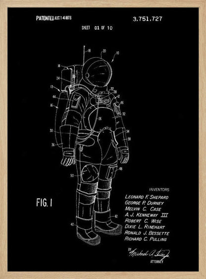 A framed patent illustration of an astronaut's spacesuit, depicted as a white line drawing on a black background. The technical schematic is labeled with various numbers and includes text like 'PATENTED AUG 14 1973', 'FIG. 1', and a list of inventors. Wall Art