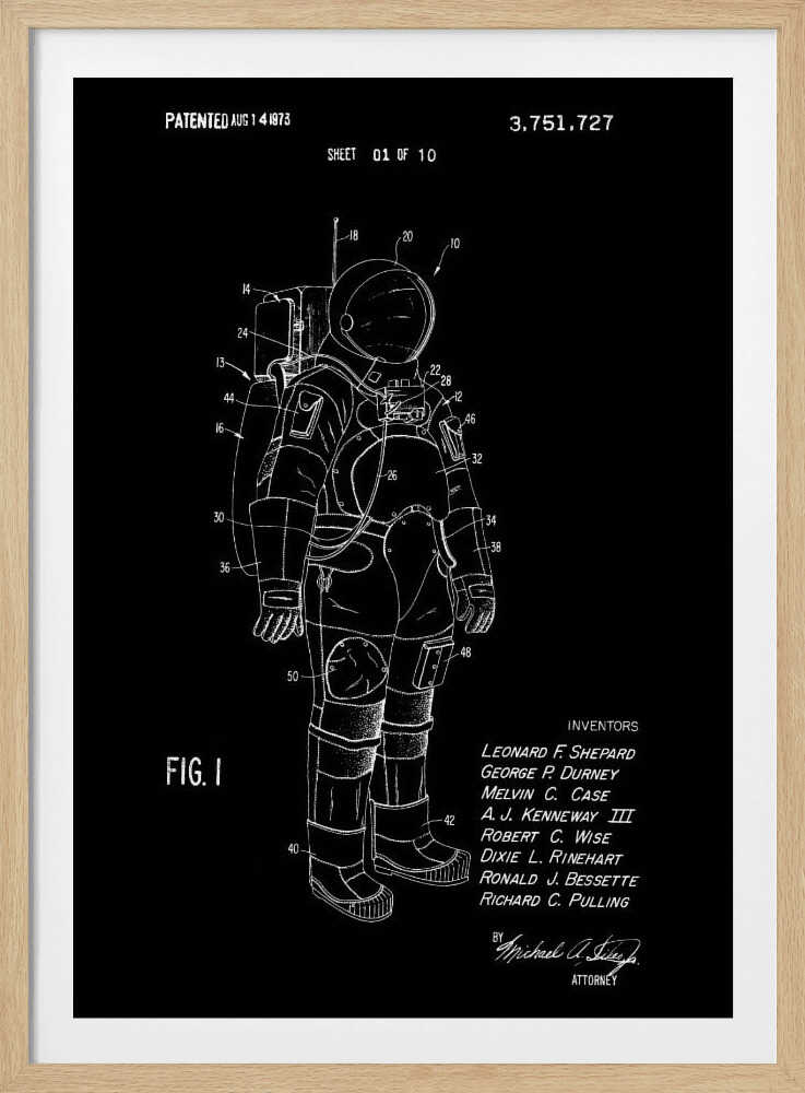 A framed patent illustration of an astronaut's spacesuit, depicted as a white line drawing on a black background. The technical schematic is labeled with various numbers and includes text like 'PATENTED AUG 14 1973', 'FIG. 1', and a list of inventors. Wall Art
