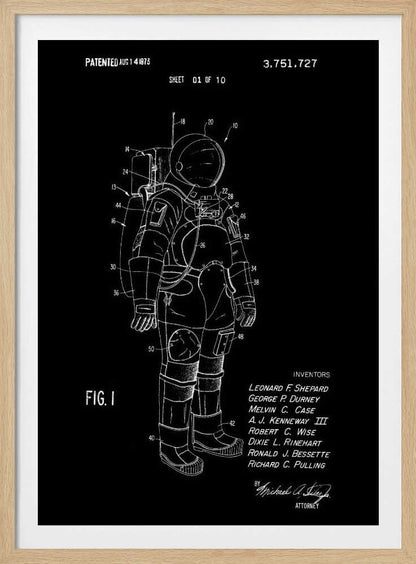 A framed patent illustration of an astronaut's spacesuit, depicted as a white line drawing on a black background. The technical schematic is labeled with various numbers and includes text like 'PATENTED AUG 14 1973', 'FIG. 1', and a list of inventors. Wall Art