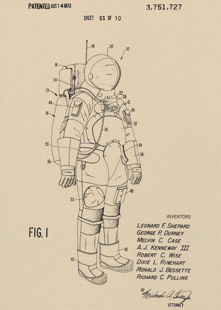 A framed vintage patent illustration of an astronaut's spacesuit, presented as a black line drawing on tan paper. The detailed diagram is labeled with numbers and includes patent details, dates, and inventors' names. Wall Art