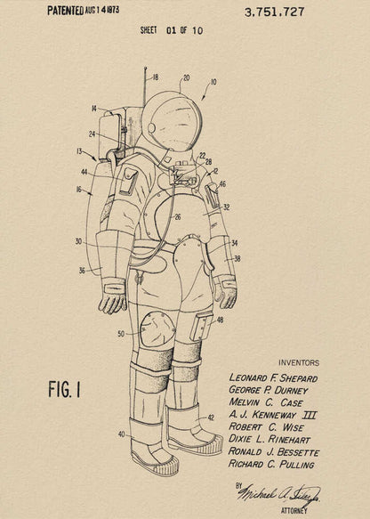 A framed vintage patent illustration of an astronaut's spacesuit, presented as a black line drawing on tan paper. The detailed diagram is labeled with numbers and includes patent details, dates, and inventors' names. Wall Art
