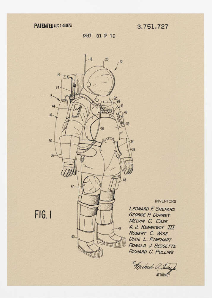 A framed vintage patent illustration of an astronaut's spacesuit, presented as a black line drawing on tan paper. The detailed diagram is labeled with numbers and includes patent details, dates, and inventors' names. Wall Art