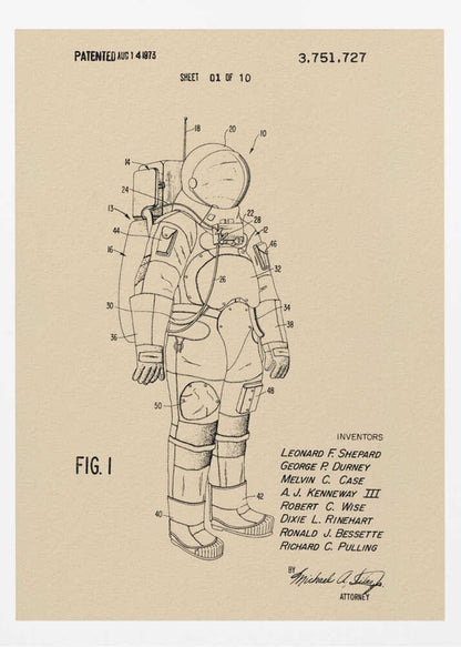 A framed vintage patent illustration of an astronaut's spacesuit, presented as a black line drawing on tan paper. The detailed diagram is labeled with numbers and includes patent details, dates, and inventors' names. Wall Art