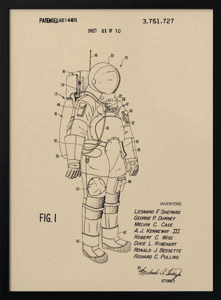 A framed vintage patent illustration of an astronaut's spacesuit, presented as a black line drawing on tan paper. The detailed diagram is labeled with numbers and includes patent details, dates, and inventors' names. Wall Art