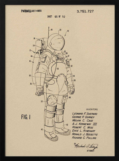 A framed vintage patent illustration of an astronaut's spacesuit, presented as a black line drawing on tan paper. The detailed diagram is labeled with numbers and includes patent details, dates, and inventors' names. Wall Art