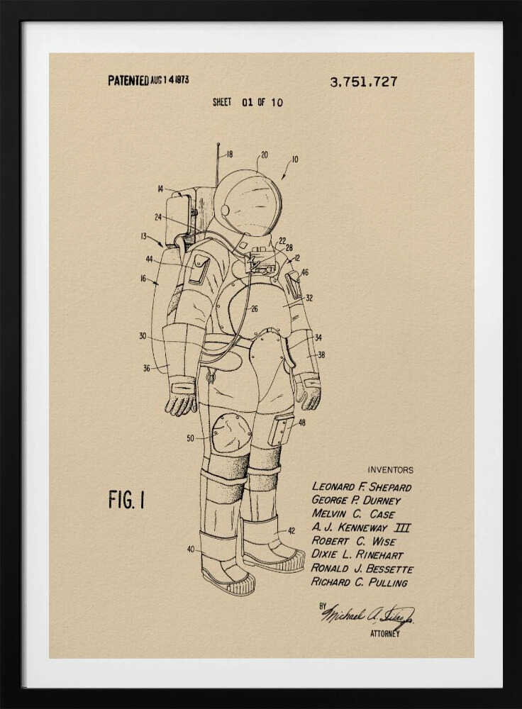A framed vintage patent illustration of an astronaut's spacesuit, presented as a black line drawing on tan paper. The detailed diagram is labeled with numbers and includes patent details, dates, and inventors' names. Wall Art