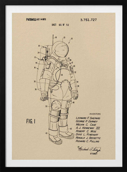 A framed vintage patent illustration of an astronaut's spacesuit, presented as a black line drawing on tan paper. The detailed diagram is labeled with numbers and includes patent details, dates, and inventors' names. Wall Art