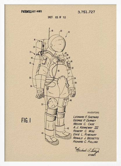 A framed vintage patent illustration of an astronaut's spacesuit, presented as a black line drawing on tan paper. The detailed diagram is labeled with numbers and includes patent details, dates, and inventors' names. Wall Art