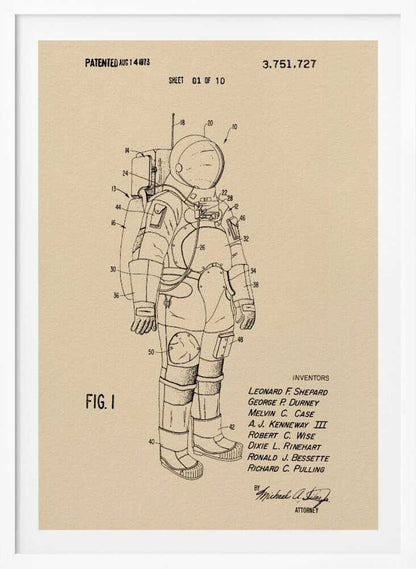 A framed vintage patent illustration of an astronaut's spacesuit, presented as a black line drawing on tan paper. The detailed diagram is labeled with numbers and includes patent details, dates, and inventors' names. Wall Art