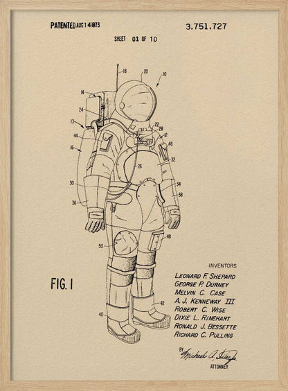 A framed vintage patent illustration of an astronaut's spacesuit, presented as a black line drawing on tan paper. The detailed diagram is labeled with numbers and includes patent details, dates, and inventors' names. Wall Art