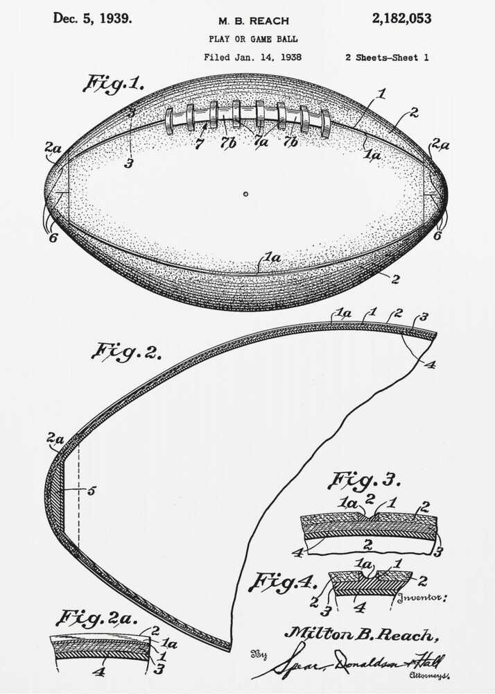 A framed black and white print of the 1939 patent for a football. The illustration, by inventor Milton B. Reach, shows detailed diagrams and cross-sections of the game ball's construction. Poster