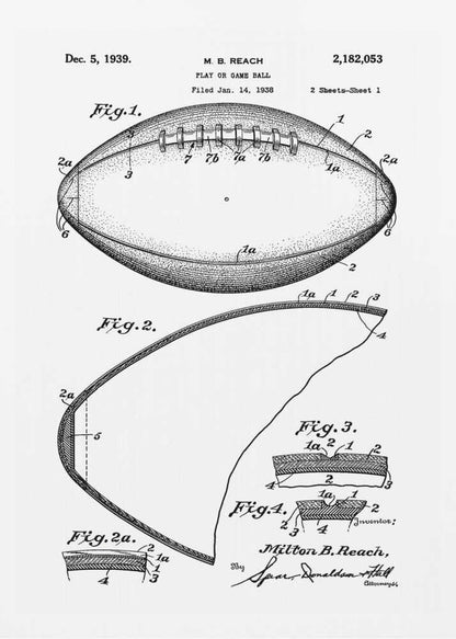 A framed black and white print of the 1939 patent for a football. The illustration, by inventor Milton B. Reach, shows detailed diagrams and cross-sections of the game ball's construction. Poster