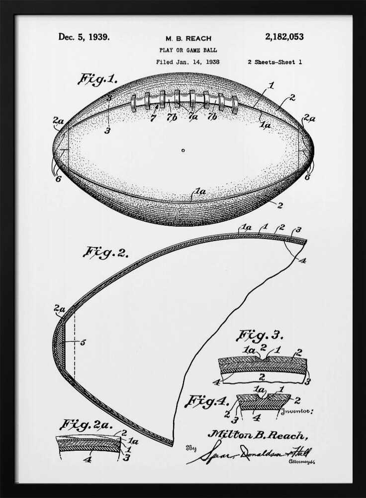 A framed black and white print of the 1939 patent for a football. The illustration, by inventor Milton B. Reach, shows detailed diagrams and cross-sections of the game ball's construction. Poster