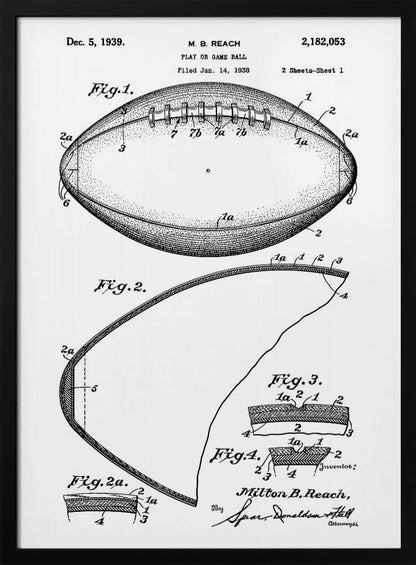 A framed black and white print of the 1939 patent for a football. The illustration, by inventor Milton B. Reach, shows detailed diagrams and cross-sections of the game ball's construction. Poster