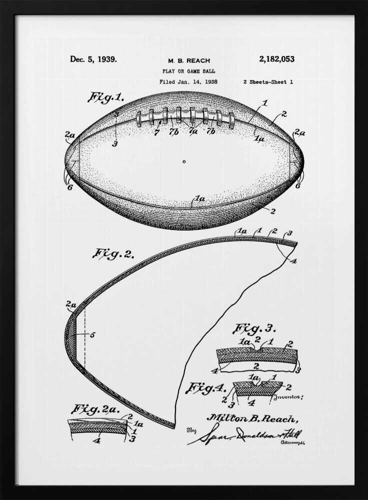 A framed black and white print of the 1939 patent for a football. The illustration, by inventor Milton B. Reach, shows detailed diagrams and cross-sections of the game ball's construction. Poster