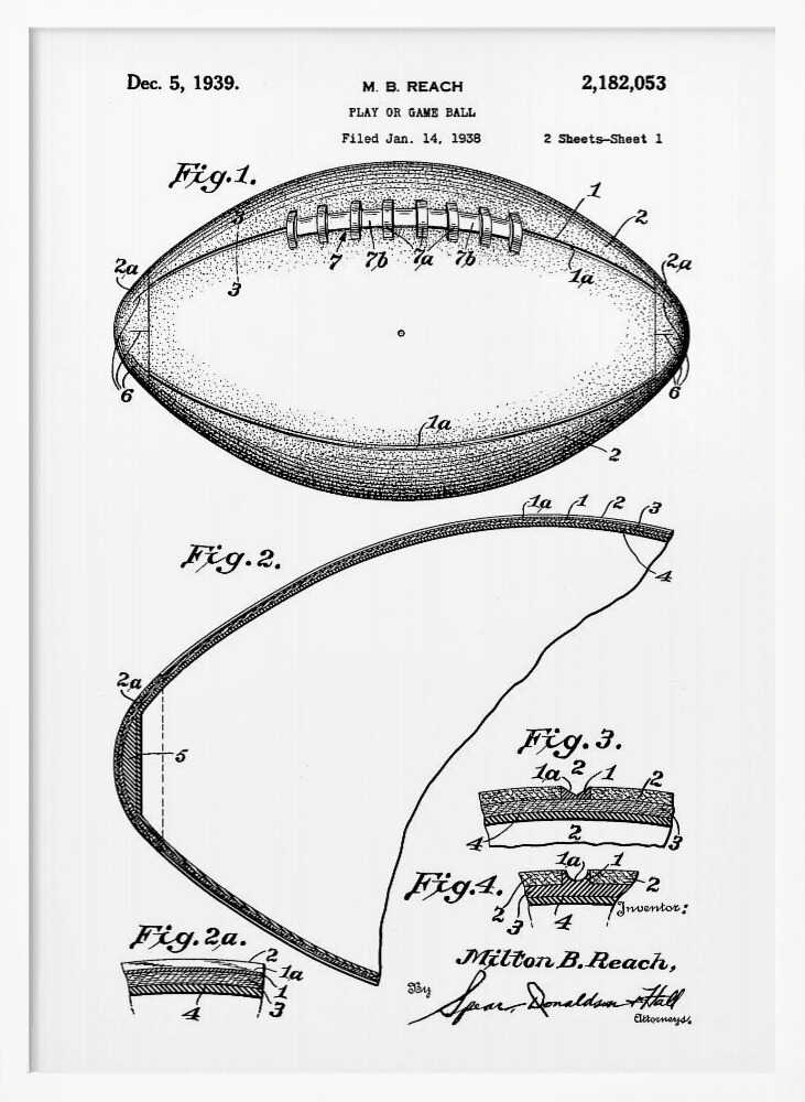A framed black and white print of the 1939 patent for a football. The illustration, by inventor Milton B. Reach, shows detailed diagrams and cross-sections of the game ball's construction. Poster