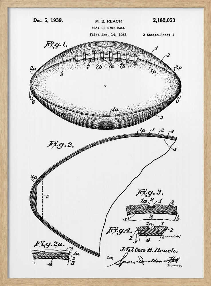 A framed black and white print of the 1939 patent for a football. The illustration, by inventor Milton B. Reach, shows detailed diagrams and cross-sections of the game ball's construction. Poster