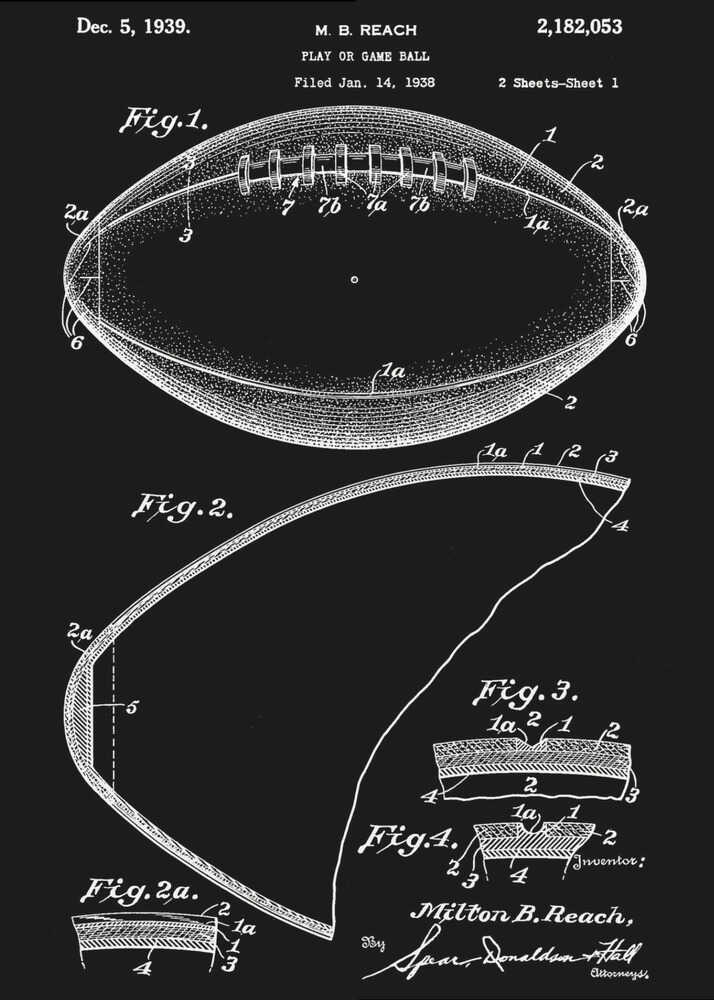 A framed black and white patent illustration for a football, dated December 5, 1939. The drawing shows various figures detailing the ball's construction, including a full view of the football with its laces and several cross-sections, all rendered in white lines on a black background. Poster