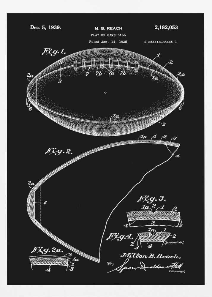 A framed black and white patent illustration for a football, dated December 5, 1939. The drawing shows various figures detailing the ball's construction, including a full view of the football with its laces and several cross-sections, all rendered in white lines on a black background. Poster