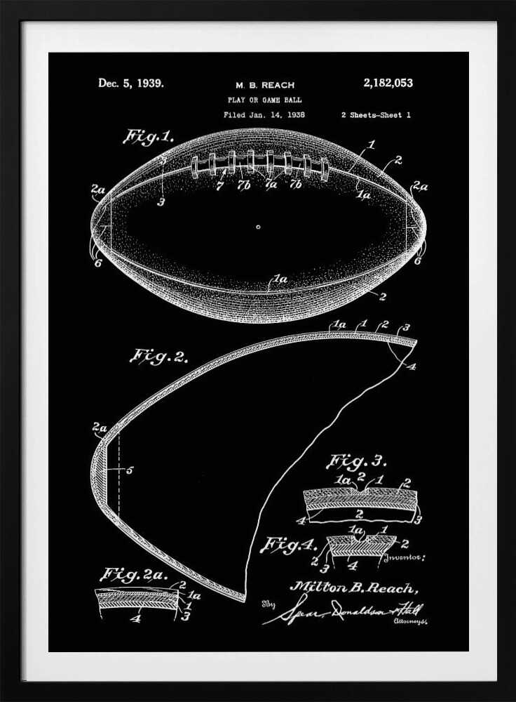 A framed black and white patent illustration for a football, dated December 5, 1939. The drawing shows various figures detailing the ball's construction, including a full view of the football with its laces and several cross-sections, all rendered in white lines on a black background. Poster