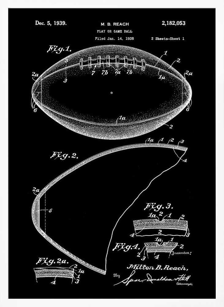 A framed black and white patent illustration for a football, dated December 5, 1939. The drawing shows various figures detailing the ball's construction, including a full view of the football with its laces and several cross-sections, all rendered in white lines on a black background. Poster