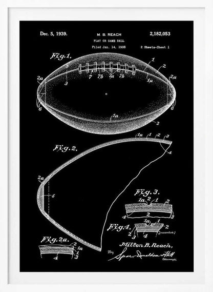 A framed black and white patent illustration for a football, dated December 5, 1939. The drawing shows various figures detailing the ball's construction, including a full view of the football with its laces and several cross-sections, all rendered in white lines on a black background. Poster