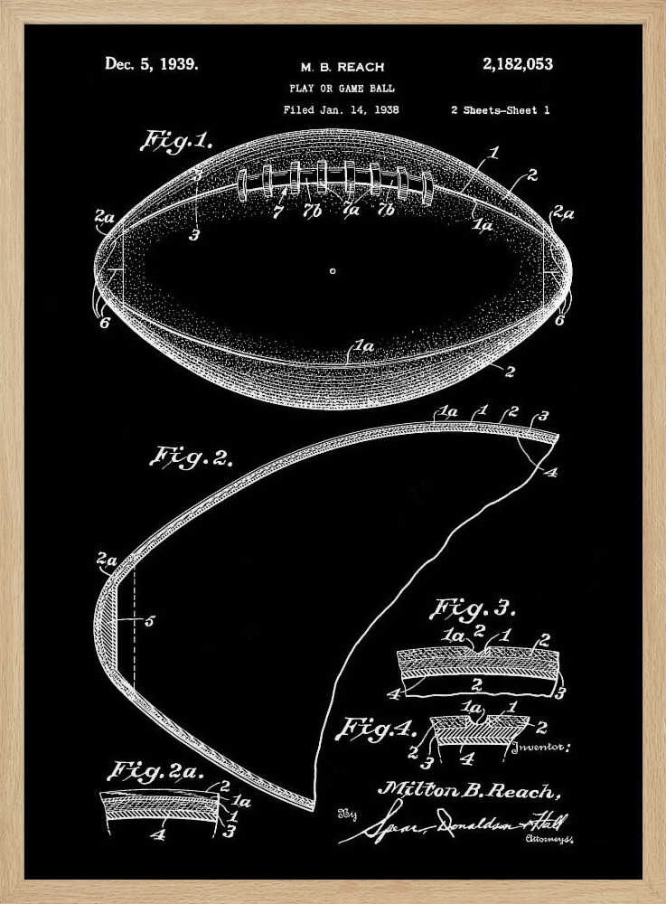 A framed black and white patent illustration for a football, dated December 5, 1939. The drawing shows various figures detailing the ball's construction, including a full view of the football with its laces and several cross-sections, all rendered in white lines on a black background. Poster