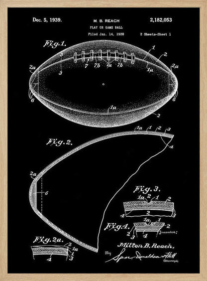 A framed black and white patent illustration for a football, dated December 5, 1939. The drawing shows various figures detailing the ball's construction, including a full view of the football with its laces and several cross-sections, all rendered in white lines on a black background. Poster