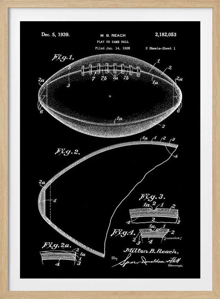 A framed black and white patent illustration for a football, dated December 5, 1939. The drawing shows various figures detailing the ball's construction, including a full view of the football with its laces and several cross-sections, all rendered in white lines on a black background. Poster