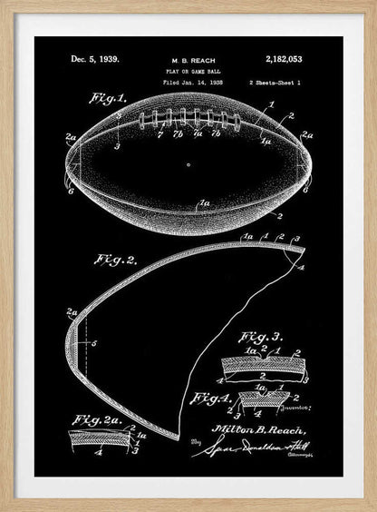 A framed black and white patent illustration for a football, dated December 5, 1939. The drawing shows various figures detailing the ball's construction, including a full view of the football with its laces and several cross-sections, all rendered in white lines on a black background. Poster