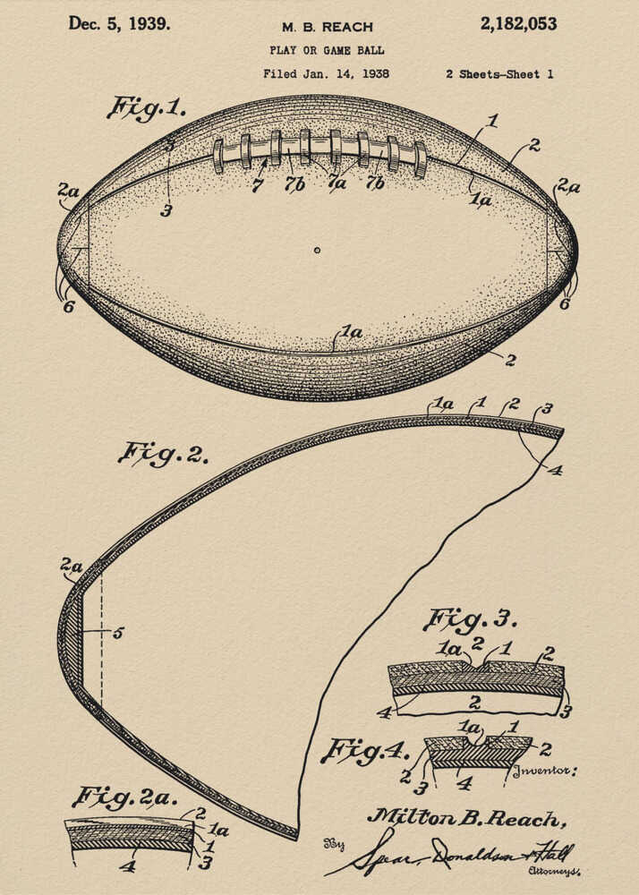 A framed print of the 1939 U.S. patent for a 'Play or Game Ball' by inventor M. B. Reach. The illustration features detailed technical drawings of a football in black ink on a beige, parchment-like background. Poster
