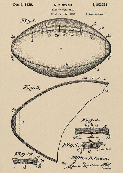 A framed print of the 1939 U.S. patent for a 'Play or Game Ball' by inventor M. B. Reach. The illustration features detailed technical drawings of a football in black ink on a beige, parchment-like background. Poster