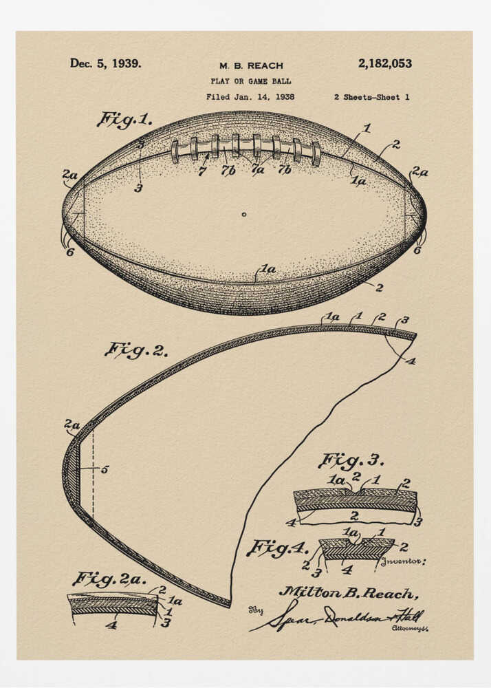 A framed print of the 1939 U.S. patent for a 'Play or Game Ball' by inventor M. B. Reach. The illustration features detailed technical drawings of a football in black ink on a beige, parchment-like background. Poster