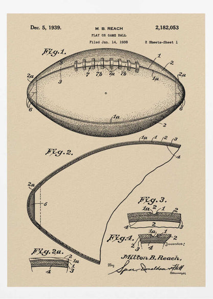 A framed print of the 1939 U.S. patent for a 'Play or Game Ball' by inventor M. B. Reach. The illustration features detailed technical drawings of a football in black ink on a beige, parchment-like background. Poster