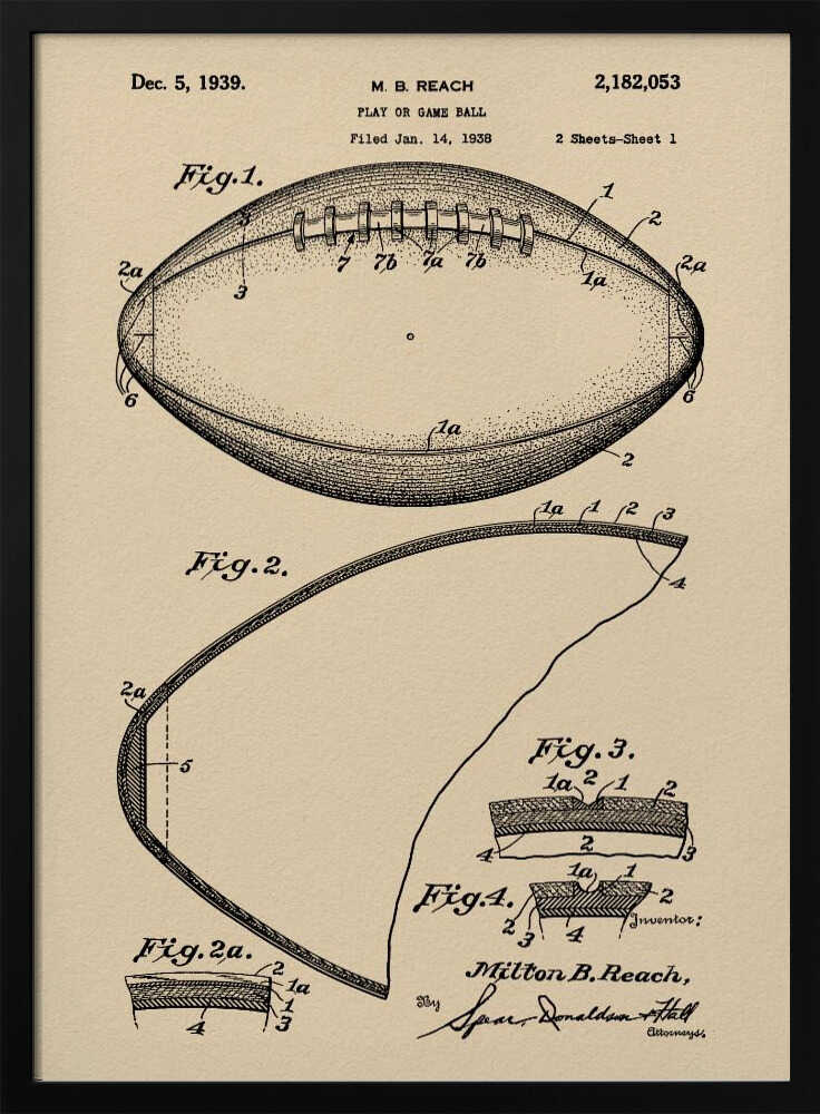 A framed print of the 1939 U.S. patent for a 'Play or Game Ball' by inventor M. B. Reach. The illustration features detailed technical drawings of a football in black ink on a beige, parchment-like background. Poster