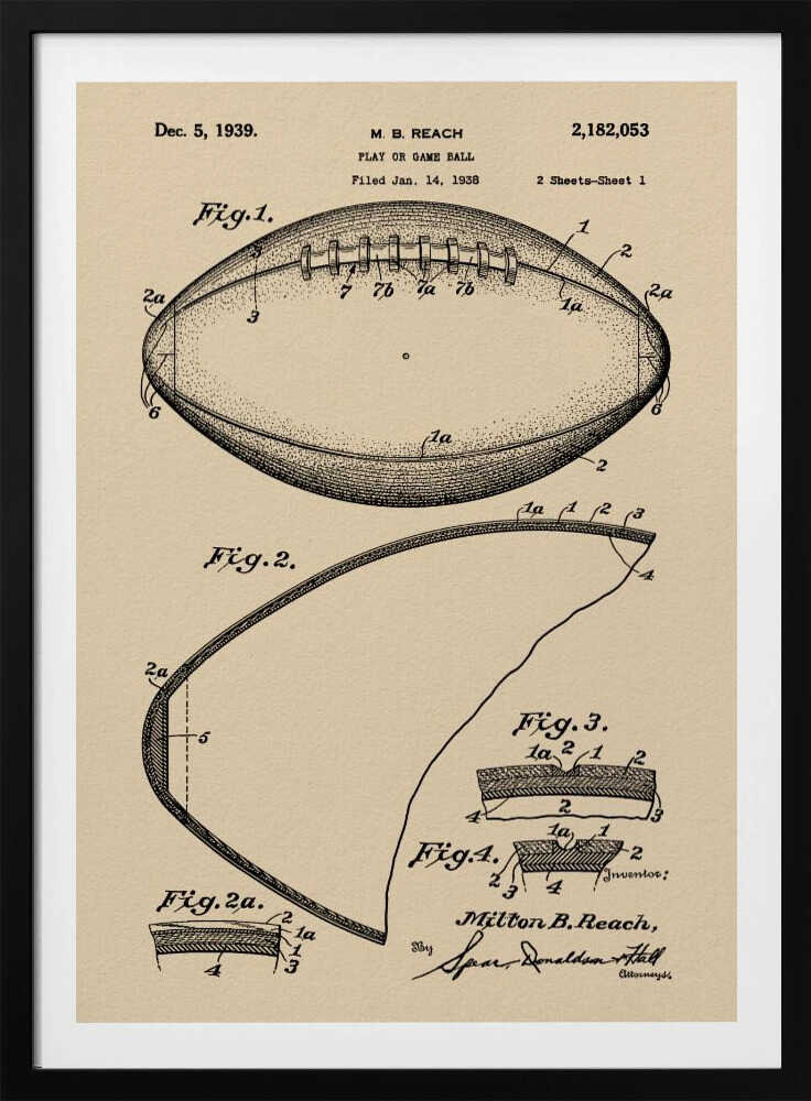 A framed print of the 1939 U.S. patent for a 'Play or Game Ball' by inventor M. B. Reach. The illustration features detailed technical drawings of a football in black ink on a beige, parchment-like background. Poster